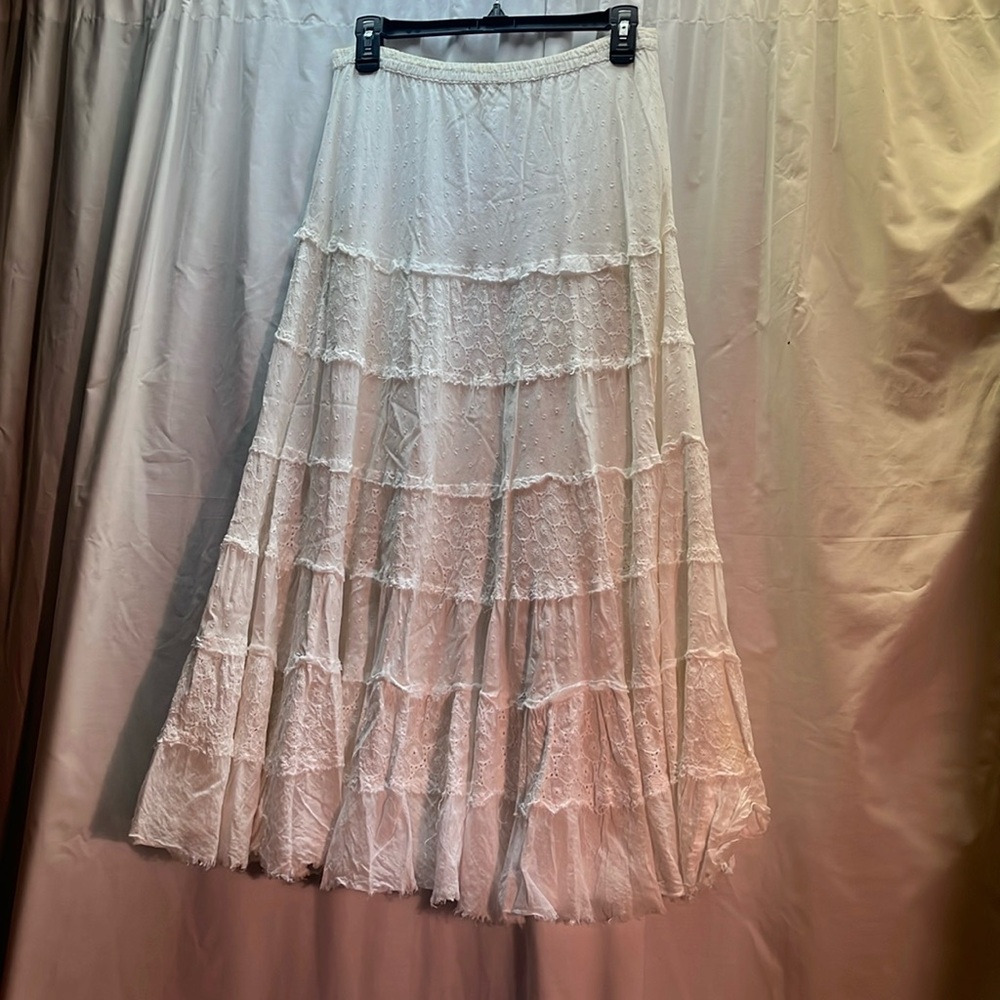 White tiered peasant skirt with eyelet pattern